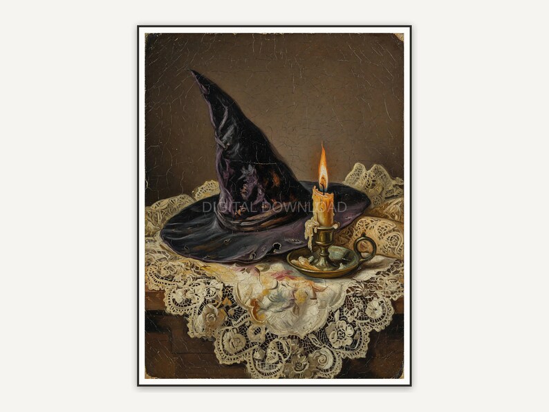 Vintage oil painting of witch hat beside candle