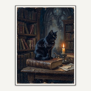 Black cat on antique book in candlelit gothic library