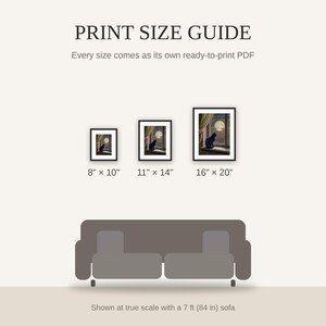 Print size guide showing 8x10, 11x14, and 16x20 framed prints at true scale beside a sofa