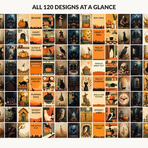 All 120 Halloween printable designs in the bundle shown together on one contact sheet