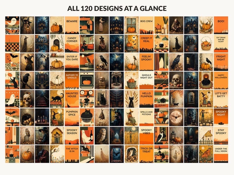 All 120 Halloween printable designs in the bundle shown together on one contact sheet