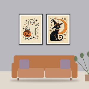 retro mid-century halloween home decor printable art framed above a sofa in a styled living room
