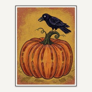 Naive style pumpkin with crow and rust stripes
