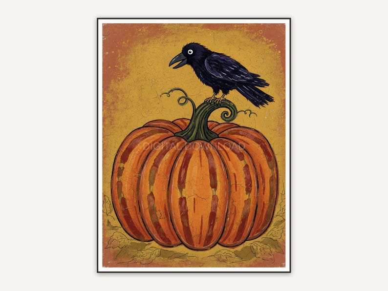 Naive style pumpkin with crow and rust stripes