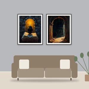 Shadowed Library Scenes printable art framed above a sofa in a styled living room