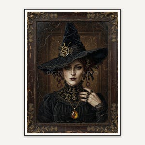 Profile portrait of a witch wearing an elaborate hat