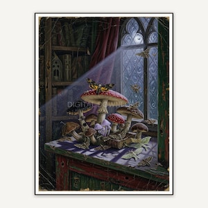 Mushrooms and moths on moonlit windowsill
