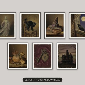 Set of 7 halloween gallery wall printable prints shown as a gallery wall