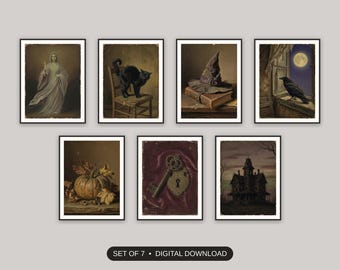 Halloween Gallery Wall Set Of 7, Vintage Oil Painting Prints, Spooky Season Decor, Entryway Mantel Art, Dark Cottagecore Home