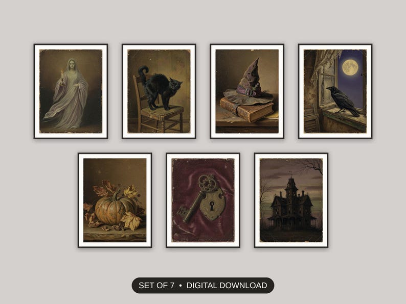 Set of 7 halloween gallery wall printable prints shown as a gallery wall