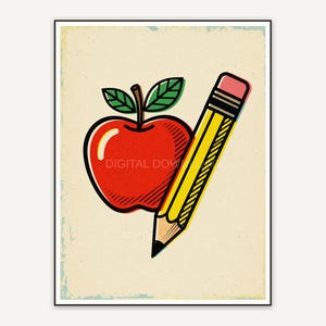 Red apple and yellow pencil mid-century icon