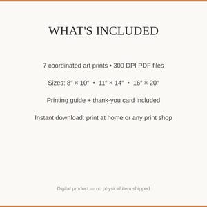 What's included: 7 art prints as 300 DPI PDFs in three sizes plus printing guide and thank-you card