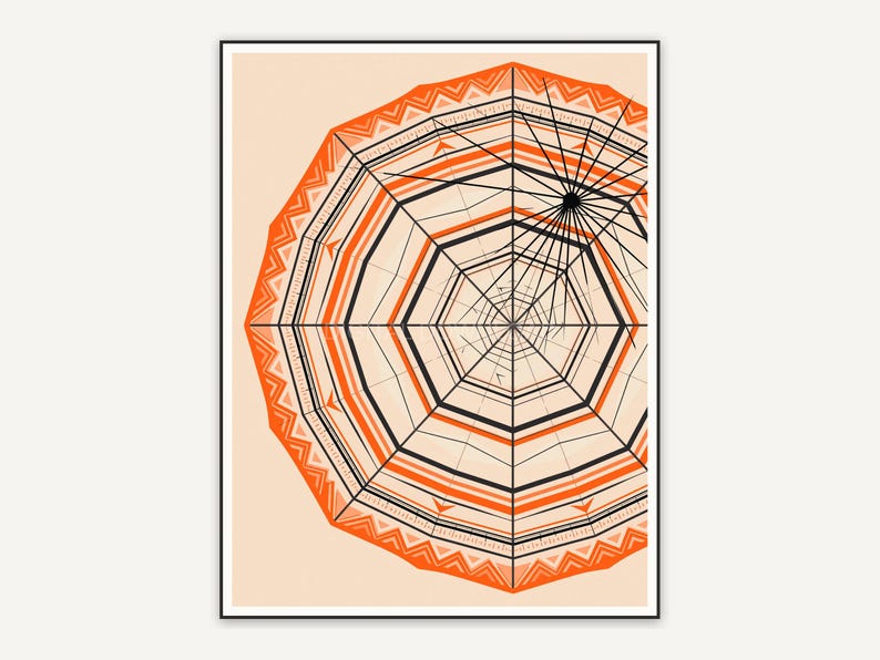 Retro mid-century spider web print in orange and black