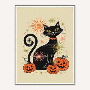Flat retro illustration of black cat with pumpkins and stars