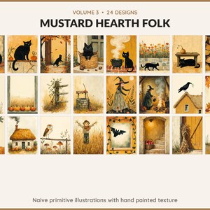 Volume 3 Mustard Hearth Folk: 24 printable Halloween art designs, naive primitive illustrations with hand painted texture