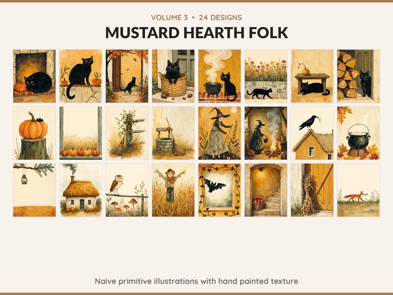 Volume 3 Mustard Hearth Folk: 24 printable Halloween art designs, naive primitive illustrations with hand painted texture