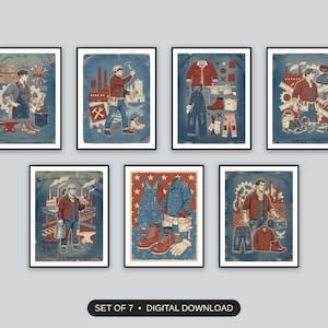 Set of 7 americana workwear art printable prints shown as a gallery wall