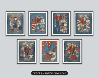 Americana Workwear Prints Set of 7 | Vintage Factory Poster Style | Labor Day Summer Decor Digital Download