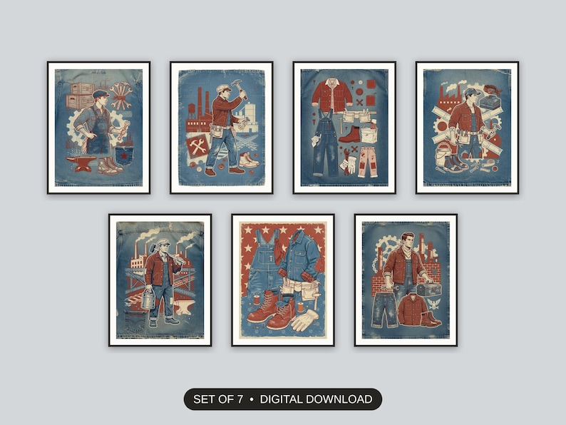 Set of 7 americana workwear art printable prints shown as a gallery wall