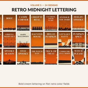 Volume 5 Retro Midnight Lettering: 24 printable Halloween art designs, bold cream lettering on flat retro color fields