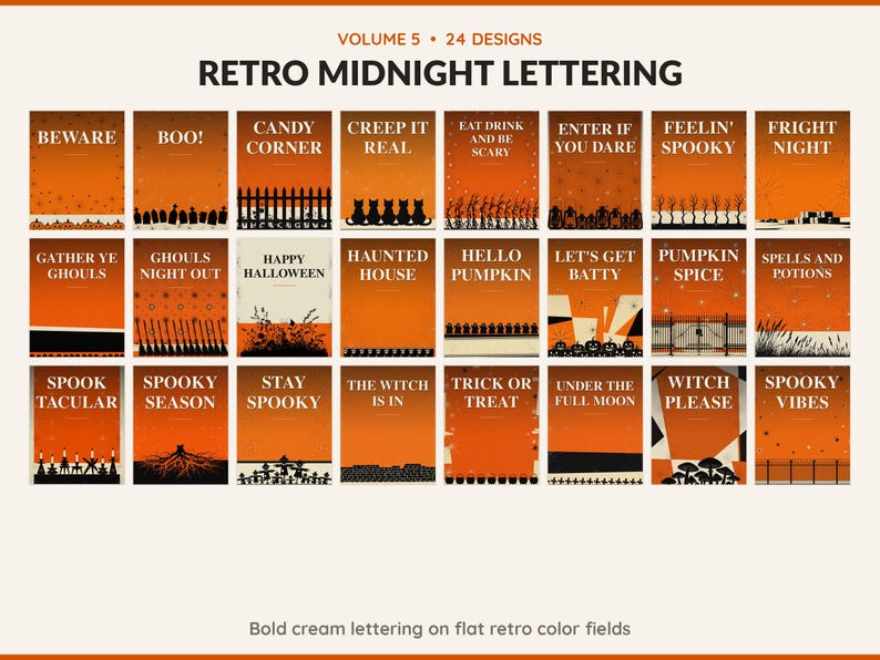 Volume 5 Retro Midnight Lettering: 24 printable Halloween art designs, bold cream lettering on flat retro color fields