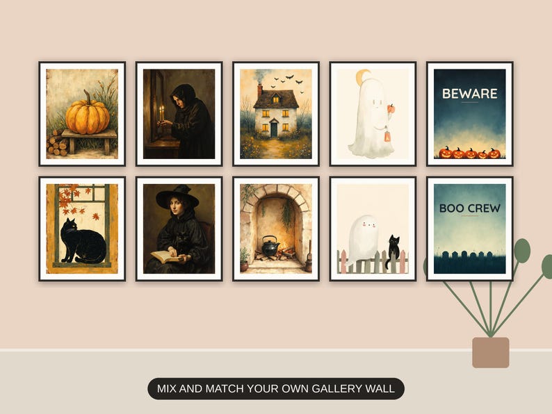 Ten Halloween prints from the bundle framed together as a gallery wall above a console table