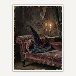 Witch hat on velvet chaise oil painting
