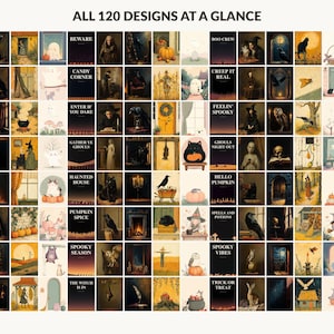 All 120 Halloween printable designs in the bundle shown together on one contact sheet