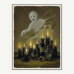 Vintage oil painting of a floating ghost above black candles and potion bottles