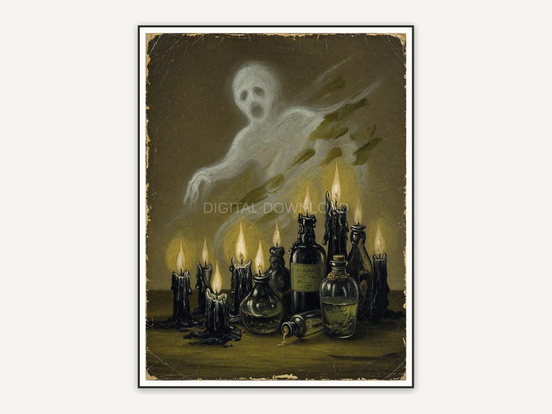 Vintage oil painting of a floating ghost above black candles and potion bottles