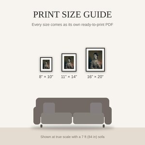 Print size guide showing 8x10, 11x14, and 16x20 framed prints at true scale beside a sofa