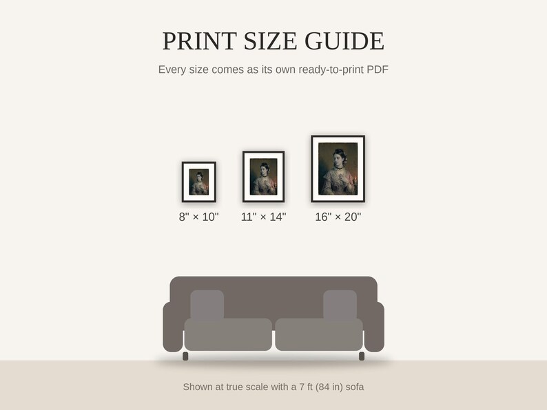 Print size guide showing 8x10, 11x14, and 16x20 framed prints at true scale beside a sofa