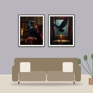 Moody Manor Studies printable art framed above a sofa in a styled living room