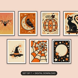 Set of 7 halloween decor and spooky season wall art printable prints shown as a gallery wall