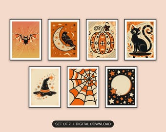 Spooky Decor, Set Of 7, Retro Mid Century Halloween Prints, Entryway Gallery Wall, Atomic Diner Style, Digital Download