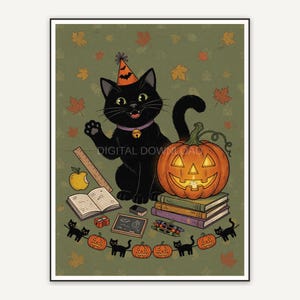 smiling black cat and pumpkin