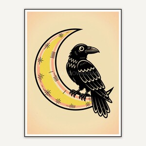 atomic raven on crescent moon mid century print