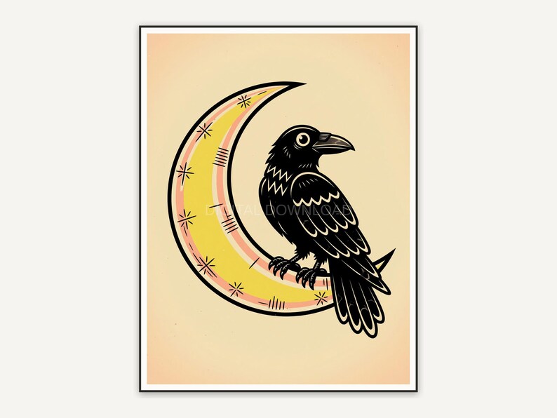 atomic raven on crescent moon mid century print