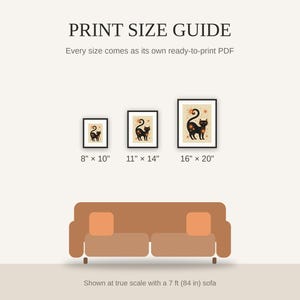 Print size guide showing 8x10, 11x14, and 16x20 framed prints at true scale beside a sofa