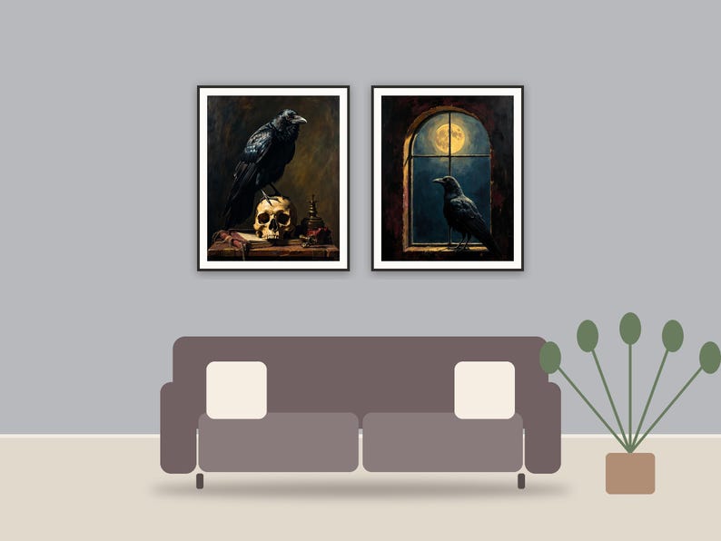Candlelit Library Scenes printable art framed above a sofa in a styled living room