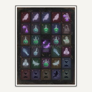 Dark academia periodic table print with subtle ghost and cauldron icons