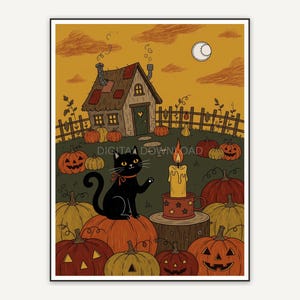 Cozy pumpkin patch scene with black cat and candle