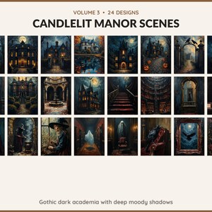 Volume 3 Candlelit Manor Scenes: 24 printable Halloween art designs, gothic dark academia with deep moody shadows