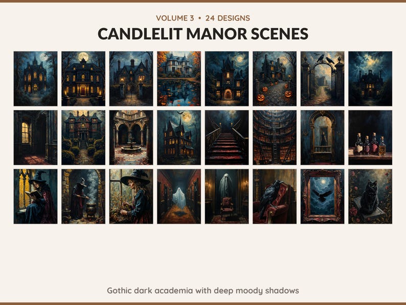 Volume 3 Candlelit Manor Scenes: 24 printable Halloween art designs, gothic dark academia with deep moody shadows
