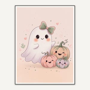 Ghost with bow beside three pumpkins
