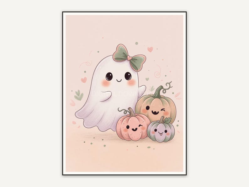 Ghost with bow beside three pumpkins