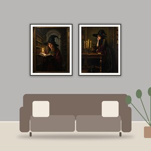 Candlelit Witch Studies printable art framed above a sofa in a styled living room