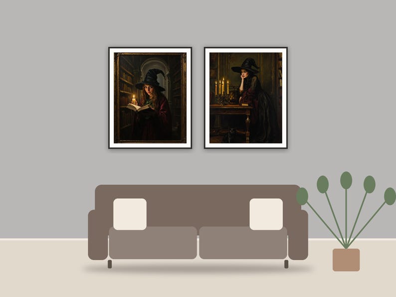 Candlelit Witch Studies printable art framed above a sofa in a styled living room
