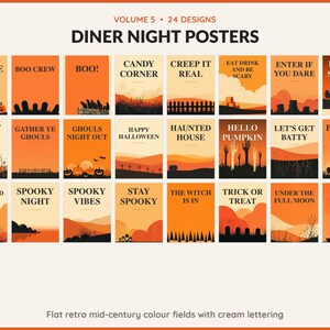 Volume 5 Diner Night Posters: 24 printable Halloween art designs, flat retro mid-century colour fields with cream lettering