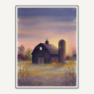 Soft watercolor barn silhouette at dusk print